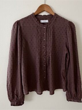 Like New 🤎Lucky Brand Brown Swiss Dot Pintuck Button-Down Blouse